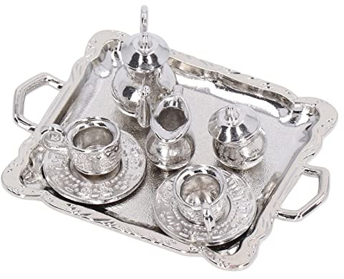 Generic Mini Juego de té de Metal para Casa de Muñecas, Juego de Bandeja de Taza de té en Miniatura Realista para Casas de Muñecas a Escala 1/12, Niños de 3 Años + Metal