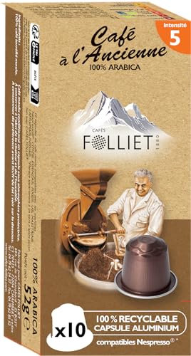 CAFÉS FOLLIET - Café En Capsule - À L'Ancienne - Compatible Nespresso - Torréfaction traditionnelle - Intensité 5/10-100% Arabica - Café vert - 10 Capsules