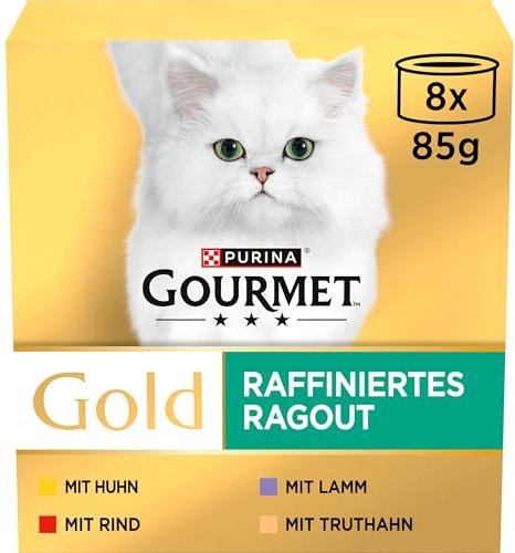 GOURMET Gold Raffiniertes Ragout, Sorten-Mix, 96er Pack (12 x 8 x 85g) | Katzenfutter nass, Sorten-Mix