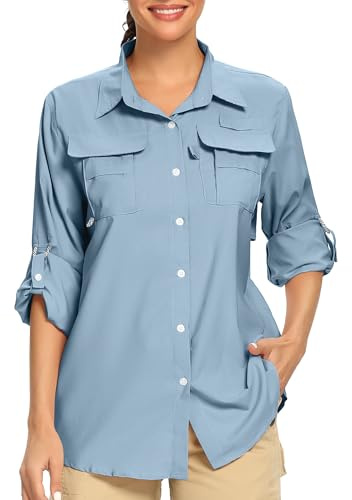Jessie Kidden Womens Safari Shirts Sun Protection Sun Clothes for Women Outdoor Quick Dry Fishing Hiking Gardening Shirts (5055 Light Blue L)