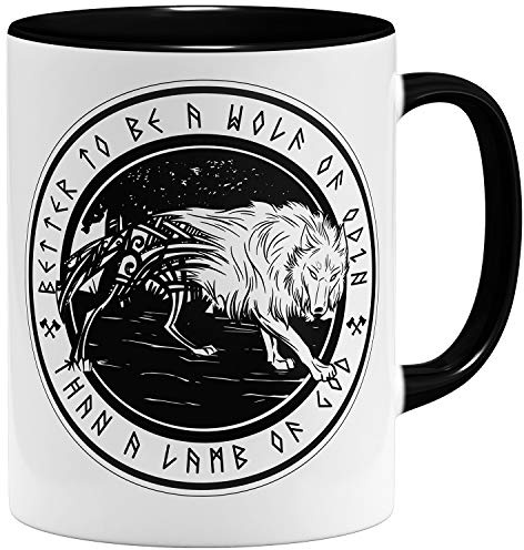 OM3® Vikings Wolf of Odin Kaffee-Tasse Wikinger - Keramik Becher - 11oz 325ml - Beidseitig Bedruckt - Schwarz