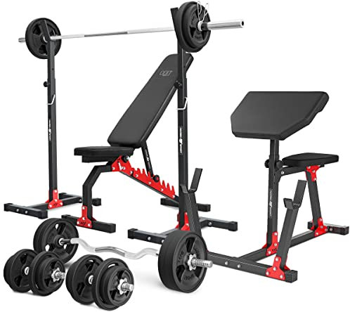 Marbo Sport - Set MH9 – verstellbare Hantelbank, 2-teiliger Langehantelständer, Curl-Bank, 1 x SZ-Curlstange, 2 x Kurzhantelstange, 1 x Langhantelstange + gummierte Gewichtsscheiben 113 insg. Kg