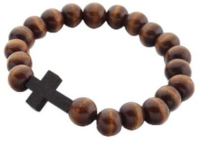 COLORFUL BLING Fashion Religious 10MM Wooden Beads Cross Bracelet for Men Women Faith Prayer Handmade Catholic Jewelry-dark