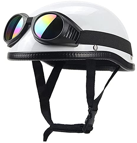 Motorcykel halvhjälmar för män och kvinnor Retro tysk motorcykelhjälm DOT/ECE-certifierad Half Face Safe Protect Hjälm Cascos Para Motos Pilot Bikerhjälm + skyddsglasögon,White,M