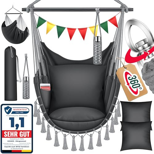 KESSER® Hängesessel Safari XXL Hängestuhl für Erwachsene & Kinder Hängematte bis 150 kg Hängesitz Aufhängung Indoor-Outdoor-Wohnen Inkl. Tragetasche, 2 Kissen, Getränkehalter & Bücherfach, Anthrazit