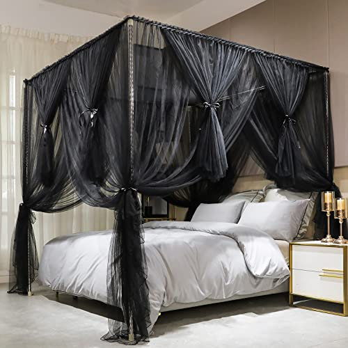 Joyreap 4 Corners Post Canopy Bed Curtain Black- Royal Luxurious Cozy Drapes Netting- Elegant Bedroom Decoration Accessories for Adults (59 W x 78 L, Full/Queen)