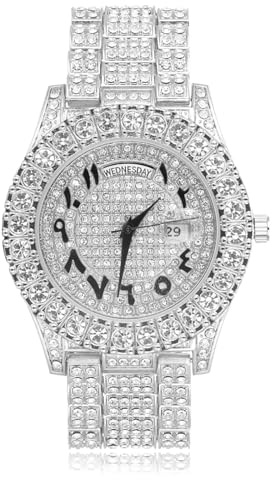 HALUKAKAH Diamante Reloj de Oro Iced out, Hombres Números Romanos Chapada en Oro Blanco Platino Cuarzo Longitud de 24cm, con Caja de Regalo