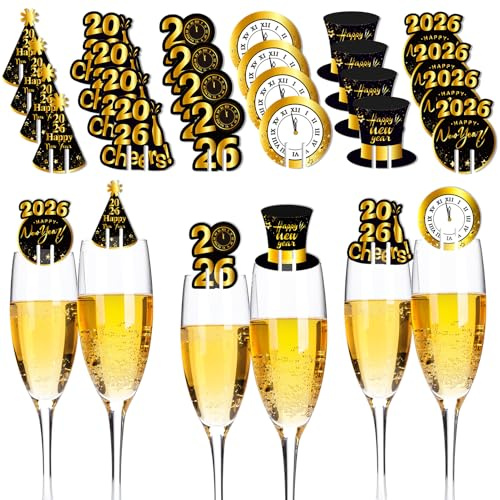 DPKOW 24 Stück Happy New Year Deko 2026 Weingläser Deko Rotweinglas Glasmarkierer Silvester Glas Markierung Trinkgläser für Silvesterdeko 2026 Tischdeko