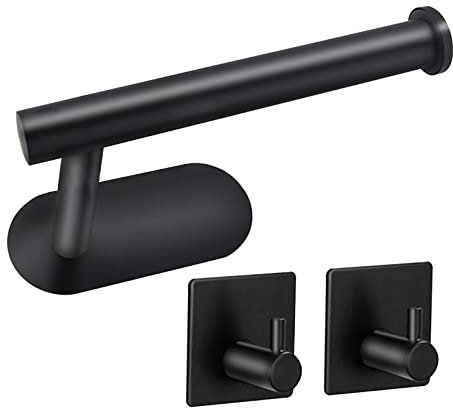 ROUMIO Toilettenpapierhalter/Klopapierhalter, Handtuchhaken 2 Stück Handtuchhalter, Ohne Bohren, Rostfrei, Ideal für Badezimmer Toilette Küche.(Toilettenpapierhalter + 2*handtuchhaken Schwarz)