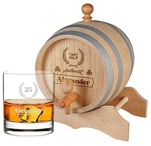 2-TLG Whisky-Set mit Gravur - 1x Holzfass 2000 ml aus Echtholz, 1x Whiskyglas 320 ml - echtes Naturprodukt - Geburtstag, Weihnachten - Whiskey, Scotch, Bourbon - für Spirituosen - Motiv Kleeblatt