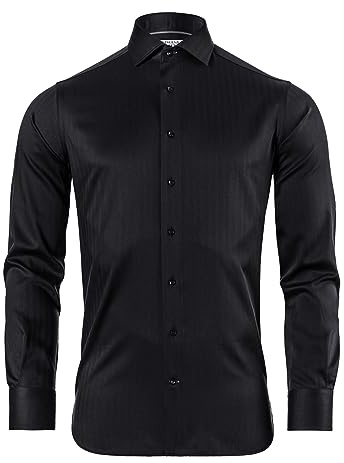 Vincenzo Boretti Camicia, Regular-Fit/Taglio Giusto, Motivo a Spina di Pesce - Non-Stiro Nero 41-42