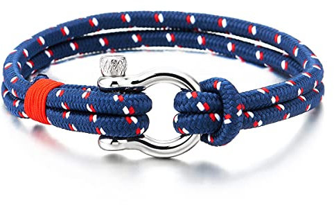 COOLSTEELANDBEYOND Herren Damen Edelstahl Schraube Anker Seil Schnur Armband, Blau Weiß Rot Nautisch Matrose Wickeln Strap Schweissband