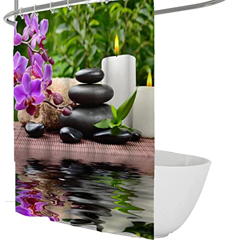 SAISEMIHOME Zen Spa Lotus Shower Curtain Pietre di basalto Olio alle erbe Profumo Candele Bambù Acqua giapponese Meditazione Home Decor Set impermeabile W150xL180cm tende da doccia