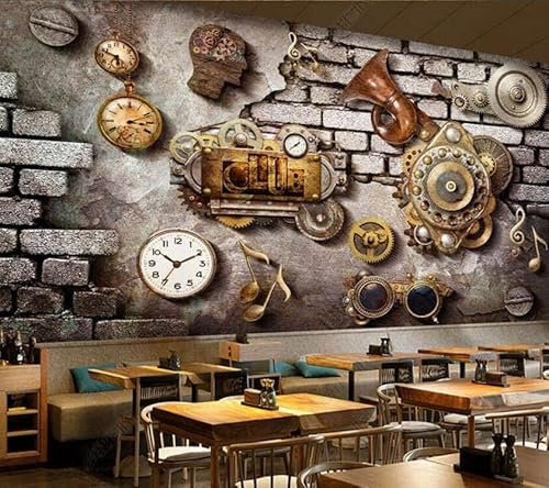 3D Fototapete Tapete Foto 3D Fototapete Retro Brick Wall Horn Mechanical Gear Bar Ktv Industrial Decor Custom Mural Wallpaper-350Cmx245Cm