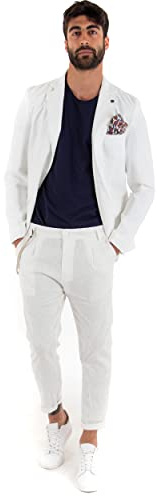 Giosal Abito Uomo in Lino Completo Giacca Pantalone Tinta Unita Elegante Monopetto (46, Bianco)