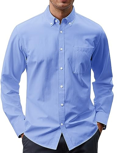 J.VER Men's Oxford Button Down Shirts Regular Fit Long Sleeve Shirt with Pocket Blue Large