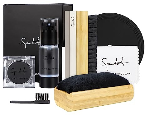 SpinArt Vinyl Record Cleaner Vinyl Record Cleaning Kit 8-in-1,Includes Soft Velvet & Microfiber Brushes, LP Cleaning Solution, Turntable Stylus Gel, Microfiber Cloth, Label Protector & Storage Box