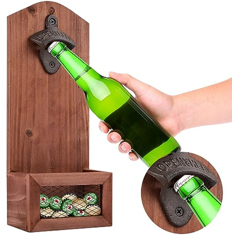 Abrebotellas de Pared Vintage, Abridor de Botellas de Madera con Estilo Retro,Abridor Cerveza con Colector Tapón Botella,Regalos Originales Hombre para Papá, Esposo, Amigos y Colegas