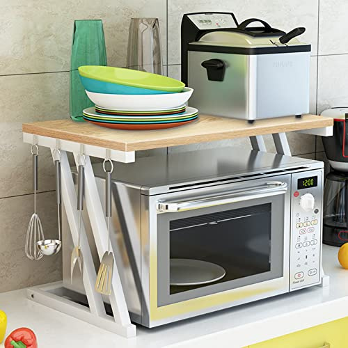 MAYMA Z-Förmiges Mikrowellen Regal,Mikrowellenhalter,Ausziehbares Mikrowellenschrank,Arbeitsplatte Küche mit Haken,Mikrowellenständer,Bäckerregale,Gewürzregale,Küchenregal (Walnuss)