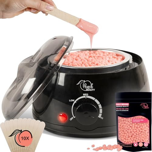 Peach Beauty® Vaxvärmare hårborttagningsset | Vaxvärmare med 100 g vaxpärlor för hårborttagning + 10 träspatlar + aluminiumvaxkruka | Professionell elektrisk vaxvärmare för alla vaxtyper