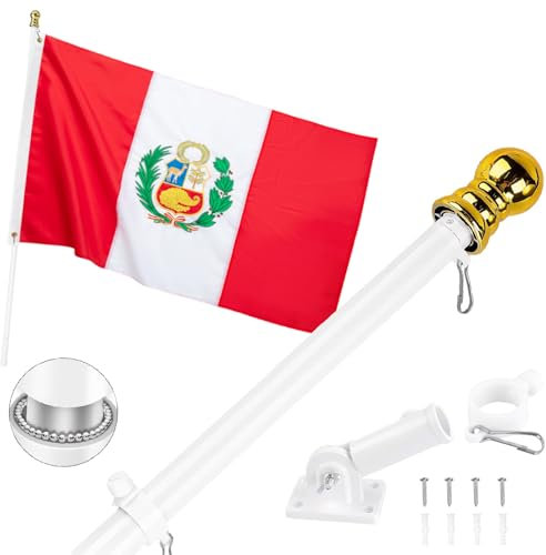 Esta bandera de Perú de 3 x 5 pies con kit de mástil blanco: bandera peruana más duradera, imagen bordada, ojales de latón, mástil de bandera de aluminio sin enredos de 6 pies y soporte de mástil de