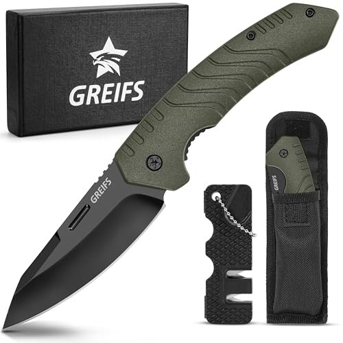 GREIFS® Klappmesser G1 (Zweihandmesser) Messer mit Tasche, Outdoor & Survival Taschenmesser, Überlebensmesser, Jagdmesser (G1+Messerschärfer, OliveBlack)