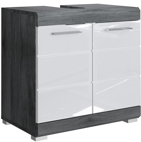 Newroom Waschbeckenunterschrank Anthrazit Weiß Hochglanz 60 cm Badezimmer | Waschbecken inklusive, 2 Türen mit Bügelgriff, Metallfüße, Waschtisch Badmöbel Holzoptik, für kleine Bäder