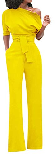Overall dam elegant – festliga byxor jumpsuits för dam bröllop fest kläder en axel lång jumpsuit hög midja sommar overaller axelfri lös lekdräkt sparkbyxor i ett stycke, GUL, XL