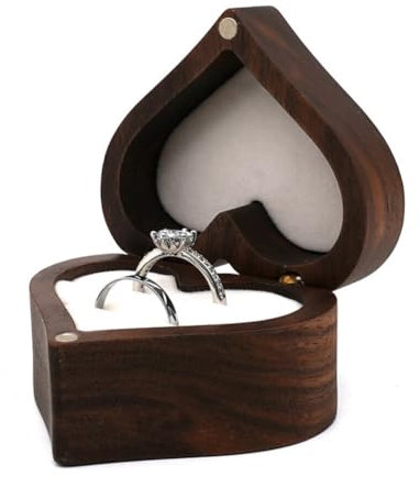 Huamengyuan Holz Ringbox für Hochzeit, Walnuss Herz Ringschatulle mit Softem Samt Vintage Holz Ringkästchen für Verlobung Hochzeit Zeremonie Vorschlag Jubiläen Geschenk