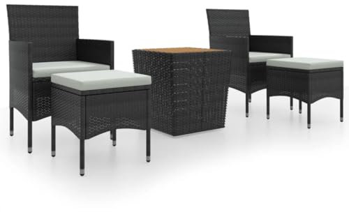 Bistroset 5-teilig, Bistrotisch Gartenstühle, Kleiner Gartenlounge Balkonset Gartengarnitur mit Kissen, Sitzgruppe im Garten und Balkon, Gartenmöbel Set, Poly Rattan Massivholz Akazie Schwarz