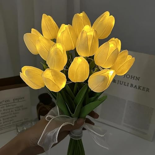EONANT 15pcs Tulpe künstliche Blumen mit LED-Leuchten, Real Touch Tulip Bouquet, batteriebetrieben Weihnachten Urlaub Hochzeit Fotografie Home Dekoration kreative Geschenke (Gelb, 15PCS)
