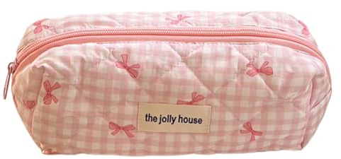 JUCHRZEY Karierte Kosmetiktasche mit niedlicher Schleife und Reißverschluss, Make-up-Organizer, Aufbewahrungstasche, Baumwolle, gesteppt, Kosmetik-Organizer-Etui for Frauen und Mädchen