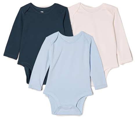 Amazon Essentials x Sofia Grainge Body de Manga Larga con Cuello Redondo Bebé-Niñas, Paquete de 3, Azul Claro/Azul Marino Oscuro/Marfil, 0 meses