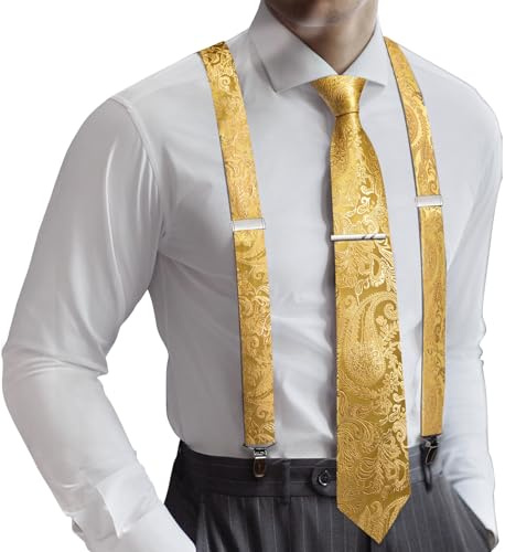 Barry.Wang Set di bretelle e cravatte da uomo tipo X, con fermacravatta e fermacravatta, motivo cachemire, formale, per matrimoni, feste di fine anno, Paisley oro, Taglia unica