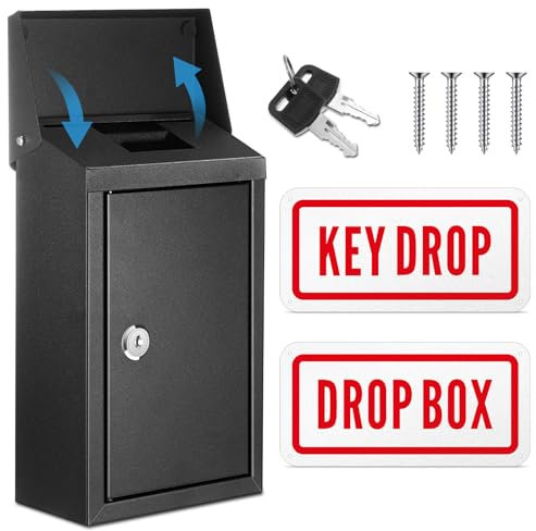 Yaocom Metal Mount Wall Donation Box Key Lock Money Cash Drop Box with Top Slot and 2 Pcs Reflective Sign 10 x 5.5 x 3 Inch Safe Lock Mailbox with 2 Keys for Outside Office Business Home(Black)