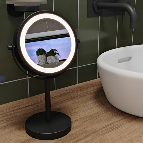 Croydex Illuminated Magnifying Bathroom LED Mirror Battery Operated, Free Standing, Adjustable Dual Sided, 3X Magnification and Reverse True View Make Up Mirror (Black)