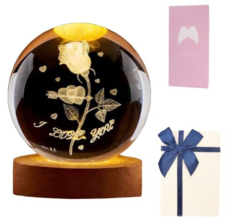 mumisuto 3D Rose Crystal Ball, Crystal Night Lights with Wooden Base, I Love You Gifts for Her, Flower Crystal Lamp, Valentines Gifts for Her
