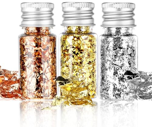 2 Flaschen Gebäck Blattgold Flocken, Dessert Goldfolie Flocken Multifunktion Blattgold Blätter Lebensmittel-Goldfolie Dekoration für Mousse-Kuchen Backen (Gold+Silber+Roségold)