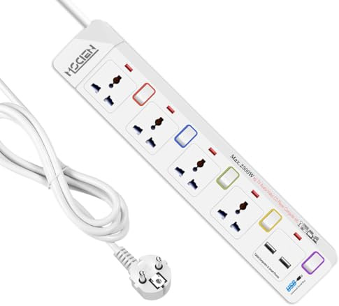 Mscien 4 Way Extension lead with 2 USB, 4 Independent Switch Power Strip with 1.8M Extension Cord Wall Mountable (Type E/F Plug)