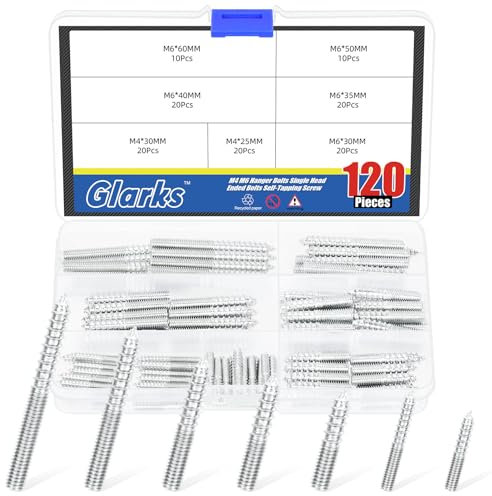 Glarks 120pcs M4 M6 Hanger Bolts Set 25mm 30mm 35mm 40mm 50mm 60mm Length Single Tip Double Headed Bolt Self-Tapping Screw Woodworking Dowel Screws for Connecting Wood