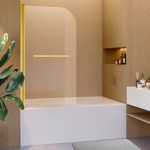 VISRACK 31 W x 55 H Pivot Tub Shower Door | Frameless 6mm Tempered Glass | Folding Bathtub Screen with Towel Bar | Gold Finish