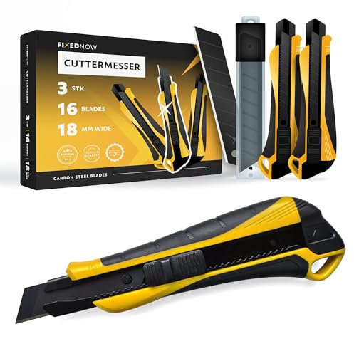 FixedNow 3 x Cuttermesser Set 18mm extra scharf inkl. 16x Ersatzklingen aus japanischem Carbonstahl I Profi Universal Cutter Messer I Tapetenmesser, Teppichmesser Utility Knife