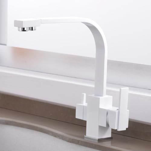 Drinking Water Tap White 3 Way Taps for Kitchen Sink, Kitchen Mixer Tap 3 in 1 360° Swivel Kitchen Mixer Spout with 2 Lever