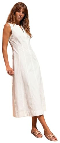 Roman Originals Denim Dress for Women UK - Ladies Jean Tunic Shift Cotton Panneled Midi A-Line Linen Smock Casual Knee Length Sleeveless Summer Straight Dresses - White - Size 14