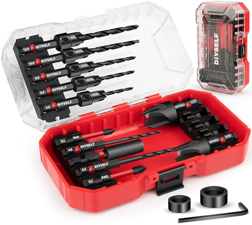 DIYSELF Countersink Drill Bit Set, 15 PCS Countersink Drill Bit, M2 HSS Tapered Bits with Wood Plug Cutters, Woodworking Tools, Stop Collars, Magnetic Extension Holder, 1/4 Hex Shank, Storage Case