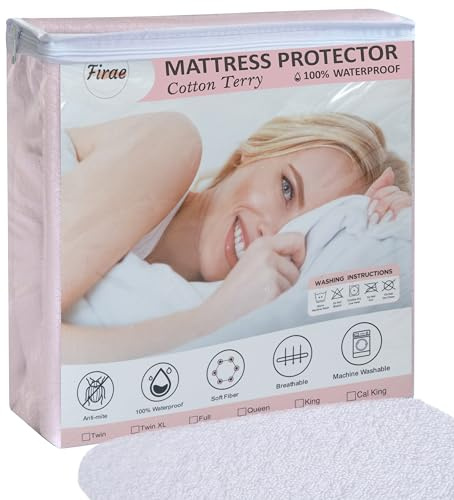 Firae Premium Cotton-Terry Mattress Protector 100% Waterproof Fitted with Stretchable Pockets - Machine Washable Cotton Mattress Cover for Bed Full