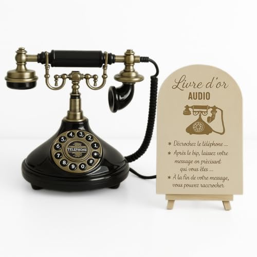 Livre d'Or Audio Téléphone Vintage Noir et Doré, 25 x 21 cm, avec Carte SD 8 Go et Pancarte en Bois (Noir)