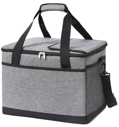 Kühltasche 35L Groß Faltbar – Isoliertasche Wasserdicht & Auslaufsicher mit Schultergurt – Thermotasche für Lebensmittel & Getränke – Picknicktasche für Camping, Strand, Einkauf & Arbeit, Grau