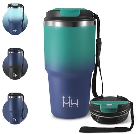 Taza Térmica 600ml, Reutilizable Vaso Termo Cafe para llevar con Tapa, Doble Pared Vaso Termico, Termo de Acero Inoxidable con Doble Pared Aislante, para Coche, Camping, Caliente, Leche y Té, Yoga