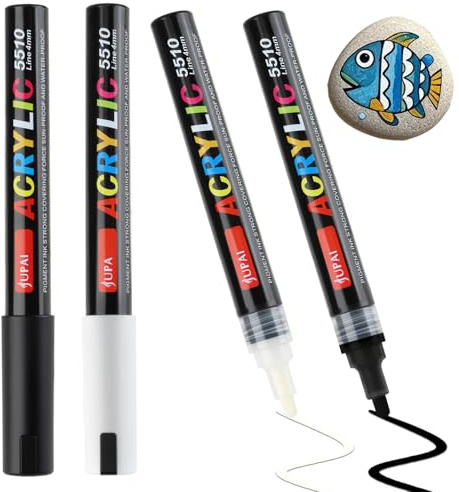 4 Stück Acrylstifte Schwarz Weiß Wasserfest – Permanent Marker 4mm für Holz, Leinwand, Stoff, Metall, Textil, Papier, Grabstein, Reifen – Weißer Stift & Textilstift Schwarz, Alternative zu Lackstift